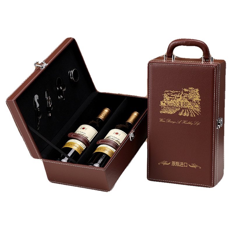 Customized Leather Red Wine Packaging Gift Box Double Red Wine Rock Solid handmade Skin Box With Wine Utensils