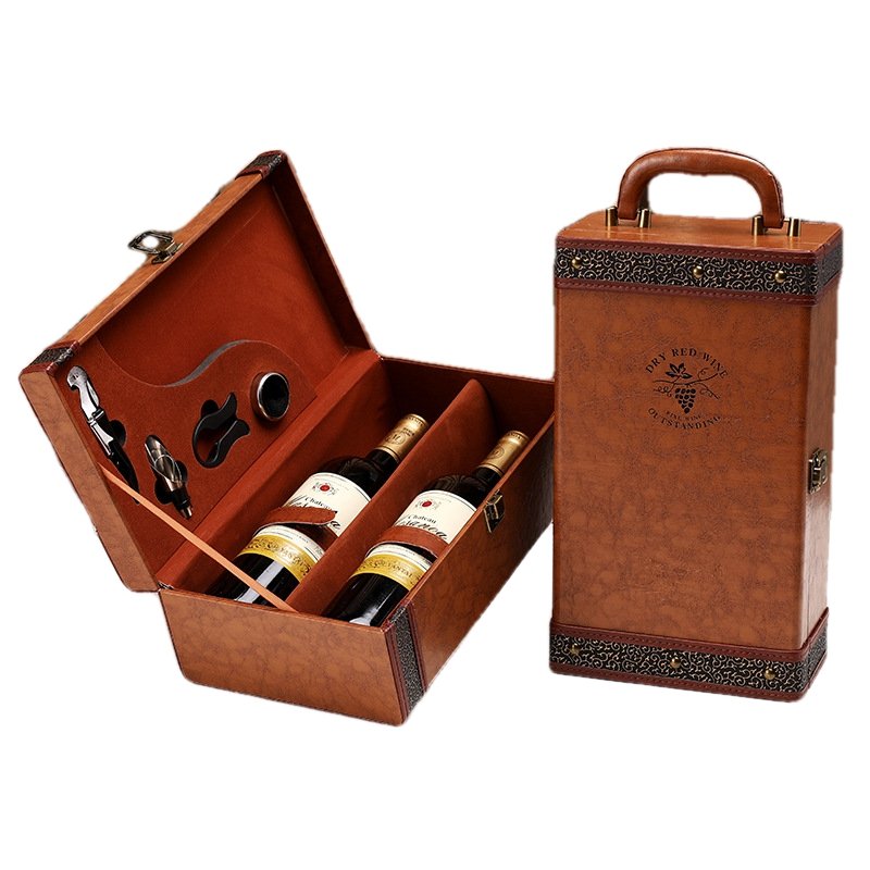 Customized Leather Red Wine Packaging Gift Box Double Red Wine Rock Solid handmade Skin Box With Wine Utensils