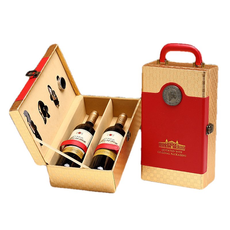 Customized Leather Red Wine Packaging Gift Box Double Red Wine Rock Solid handmade Skin Box With Wine Utensils