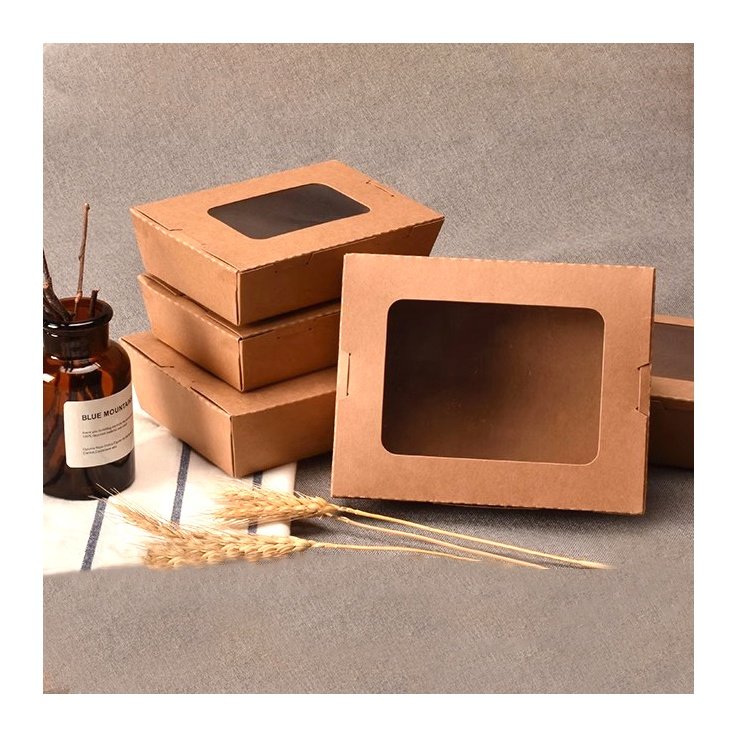 Disposable Kraft Paper Takeout Square Boxes With Clear Window Hotsale Biodegradable Food Packaging Box With Custom Printed Log