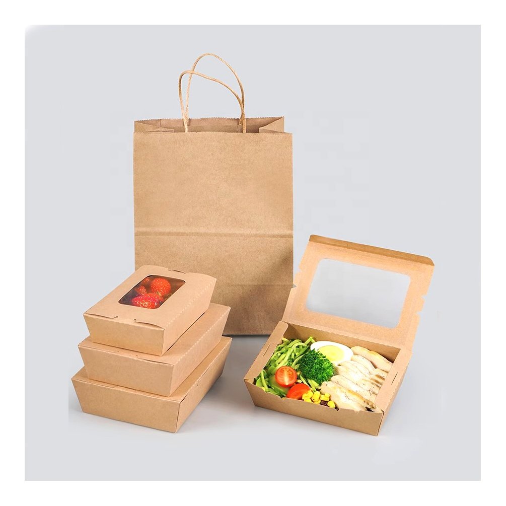 Disposable Kraft Paper Takeout Square Boxes With Clear Window Hotsale Biodegradable Food Packaging Box With Custom Printed Log