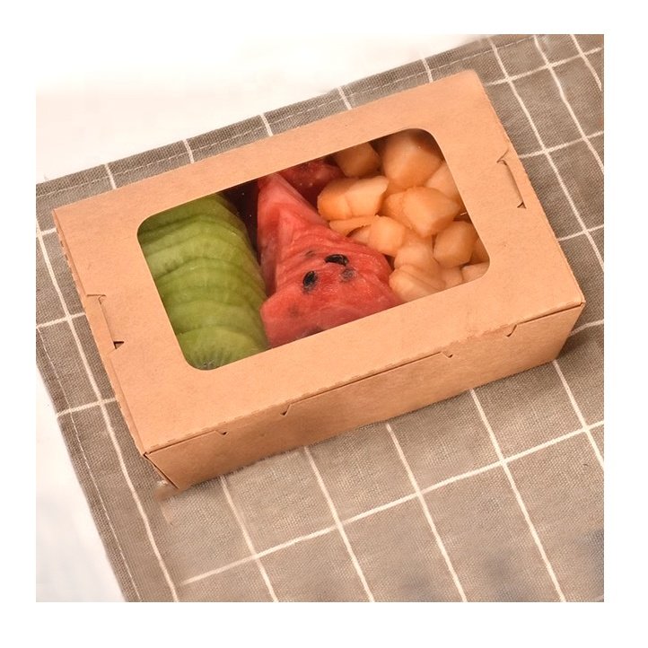 Disposable Kraft Paper Takeout Square Boxes With Clear Window Hotsale Biodegradable Food Packaging Box With Custom Printed Log