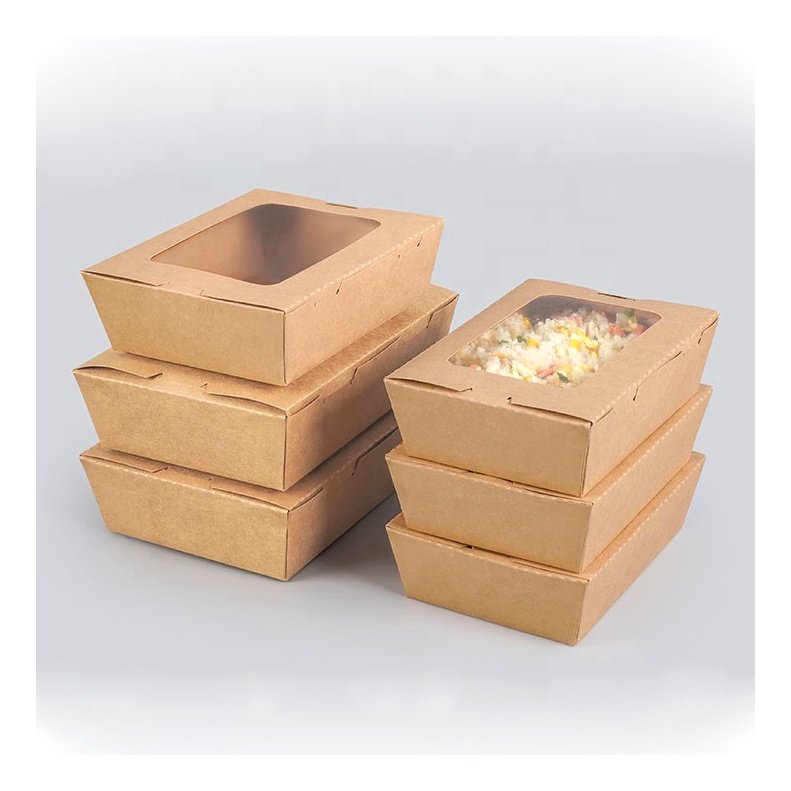Disposable Kraft Paper Takeout Square Boxes With Clear Window Hotsale Biodegradable Food Packaging Box With Custom Printed Log