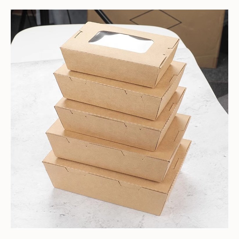 Disposable Kraft Paper Takeout Square Boxes With Clear Window Hotsale Biodegradable Food Packaging Box With Custom Printed Log