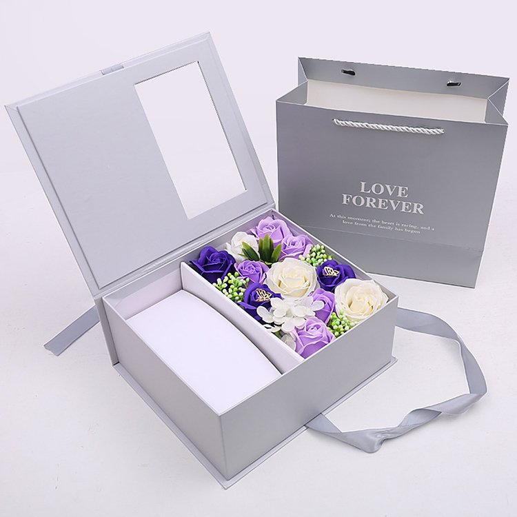 Custom Kraft Cardboard Gift Shipping Portable Upright Rose Flower Gift Boxes Folding Colorful Flower Packaging Box With Handle