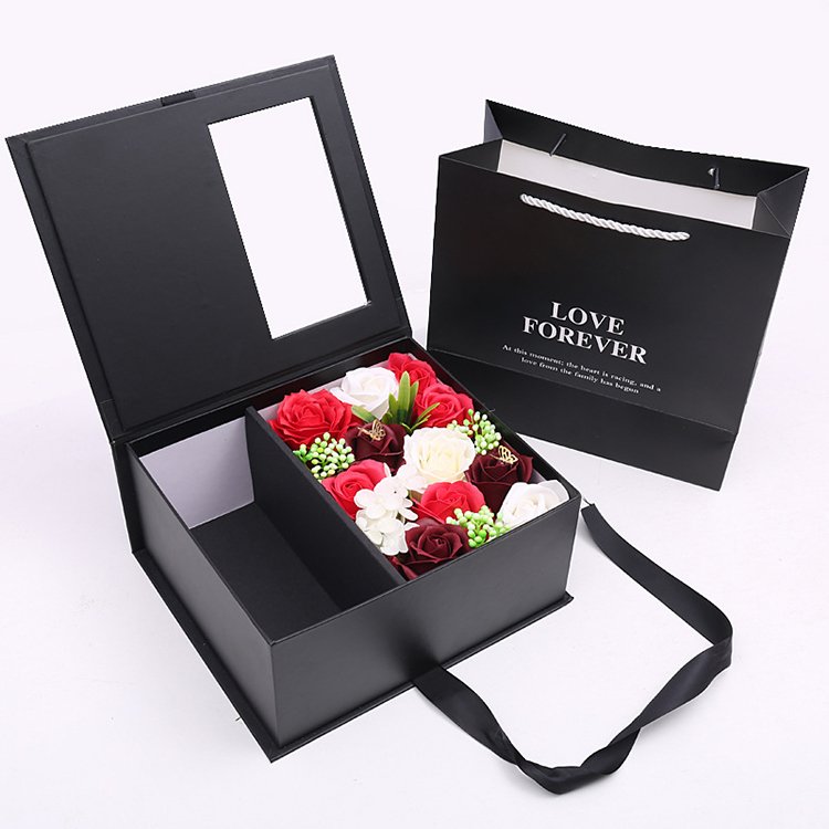 Custom Kraft Cardboard Gift Shipping Portable Upright Rose Flower Gift Boxes Folding Colorful Flower Packaging Box With Handle