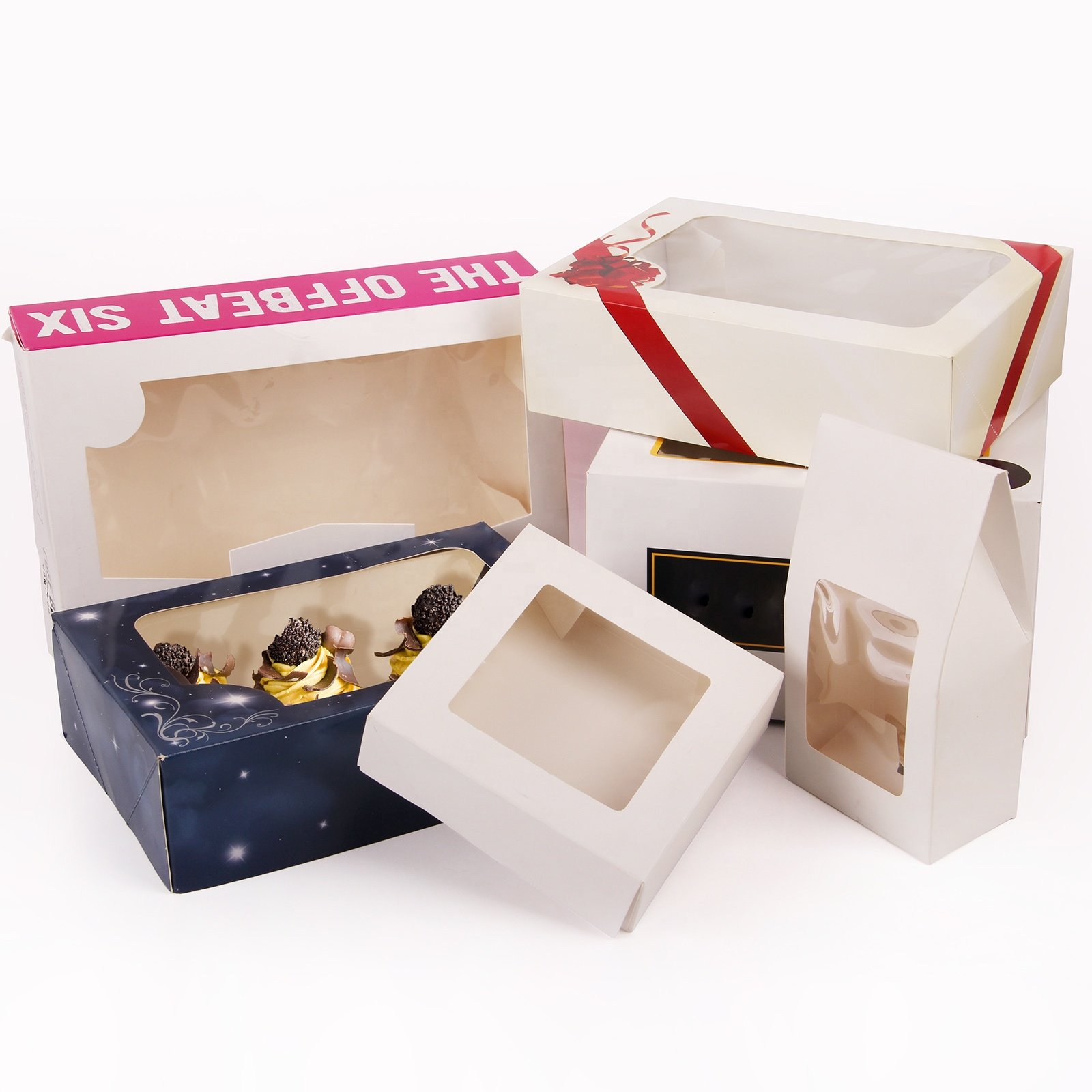 Foldable custom white paper cup cake packaging box with clear window