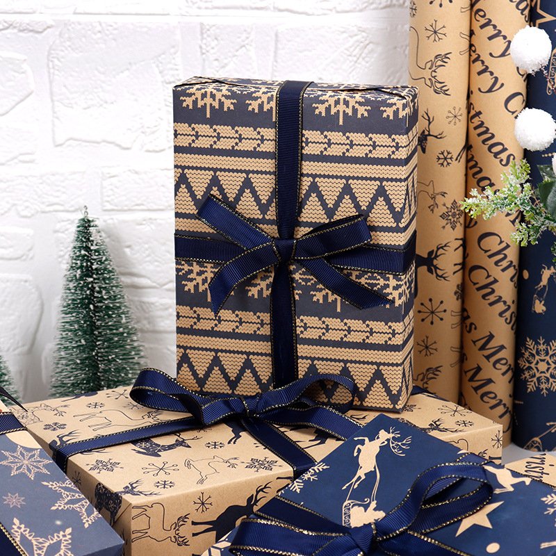 Navy Blue and Brown Recycled Kraft Gift Wrapping Paper Papel De Regalo De Navidad Xmas Wrapping Paper for Gifts