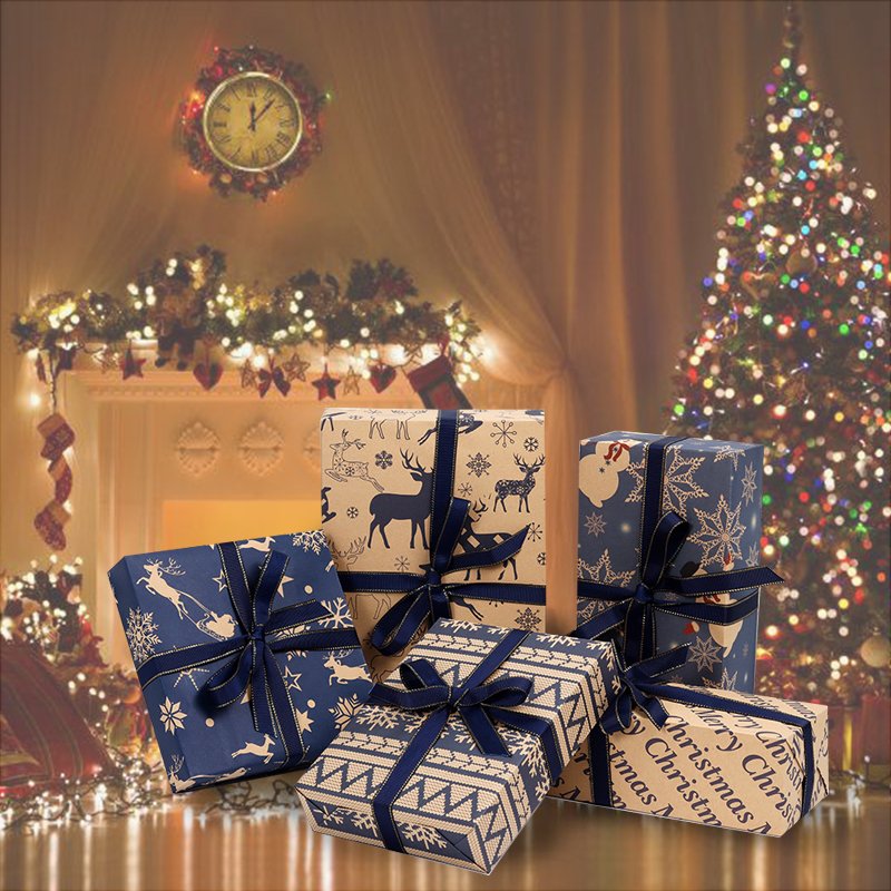 Navy Blue and Brown Recycled Kraft Gift Wrapping Paper Papel De Regalo De Navidad Xmas Wrapping Paper for Gifts