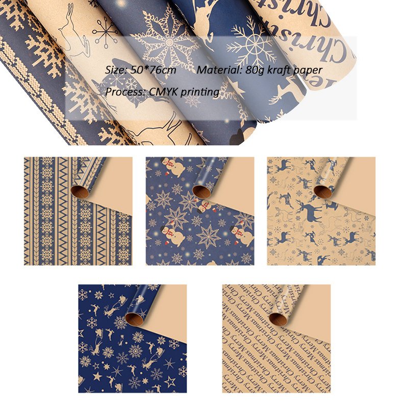 Navy Blue and Brown Recycled Kraft Gift Wrapping Paper Papel De Regalo De Navidad Xmas Wrapping Paper for Gifts