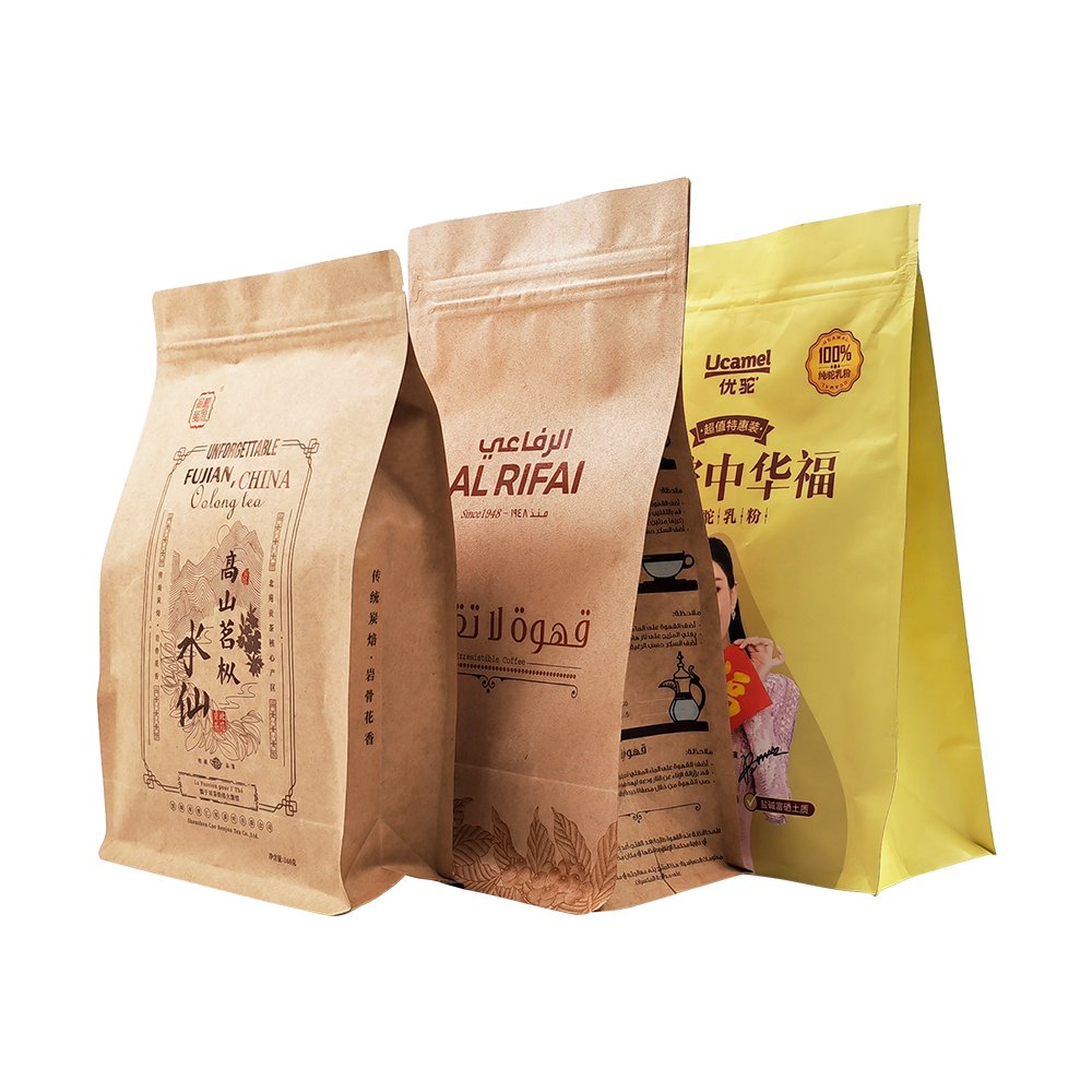 Flat Bottom Pouch Tea Coffee Food Packaging Bags Eco Friendly Sachet Packing Biodegradable Custom Kraft Paper