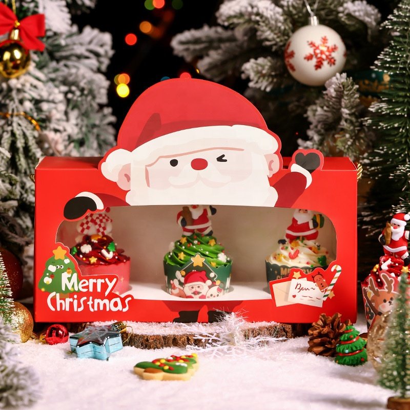 new arrival cute Christmas Santa pattern paper muffin cake packaging box bakery cupcake favor box with gold rope