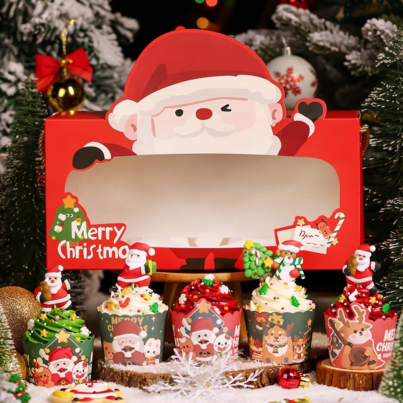 new arrival cute Christmas Santa pattern paper muffin cake packaging box bakery cupcake favor box with gold rope