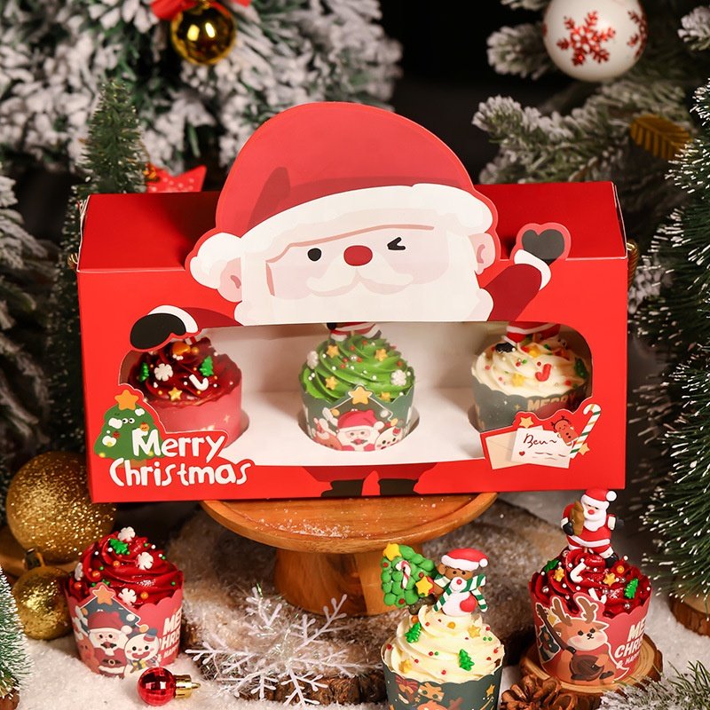 new arrival cute Christmas Santa pattern paper muffin cake packaging box bakery cupcake favor box with gold rope
