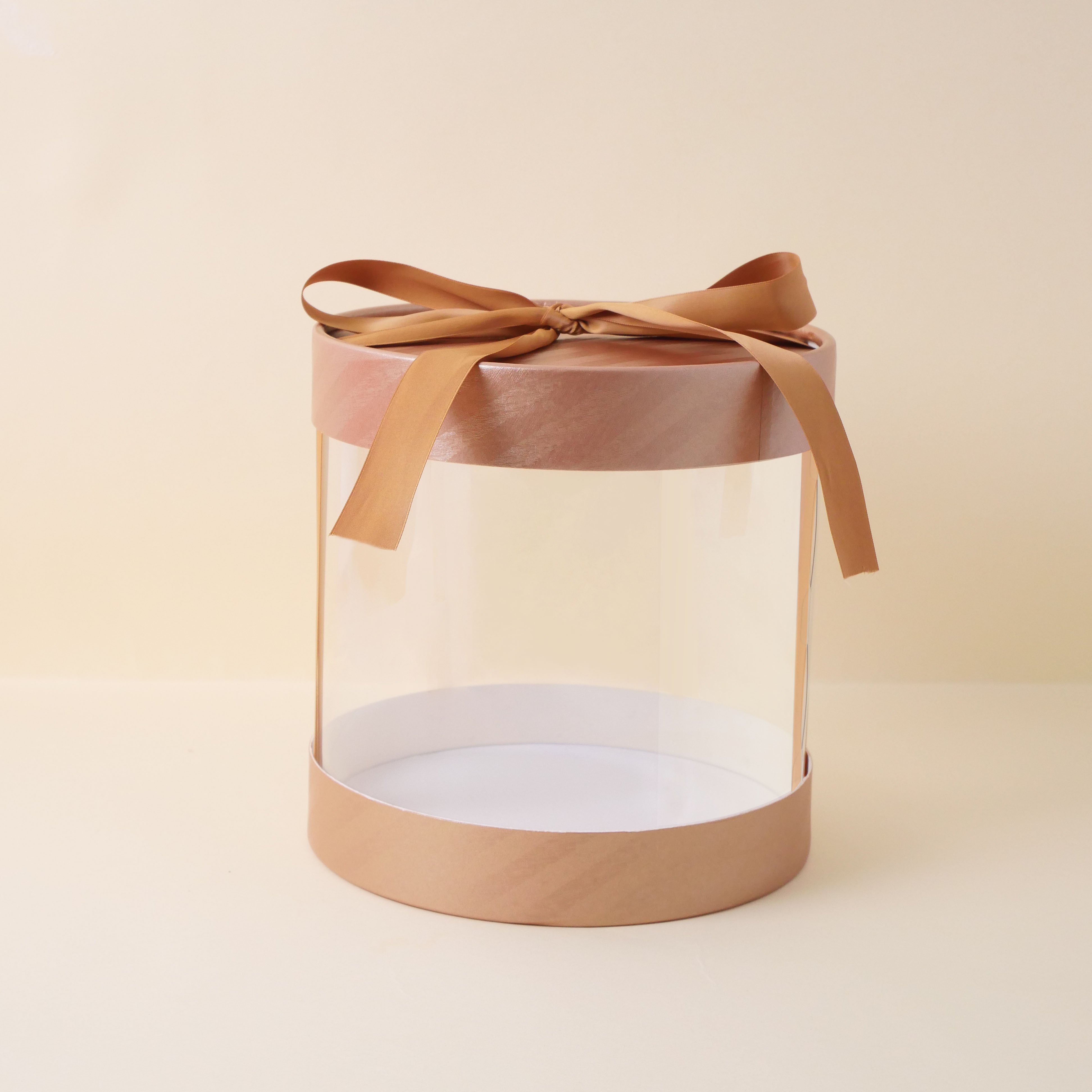 Factory ready to go orange color transparent cylinder paper box round tube box with clear PVC window LED light and ribbon handle