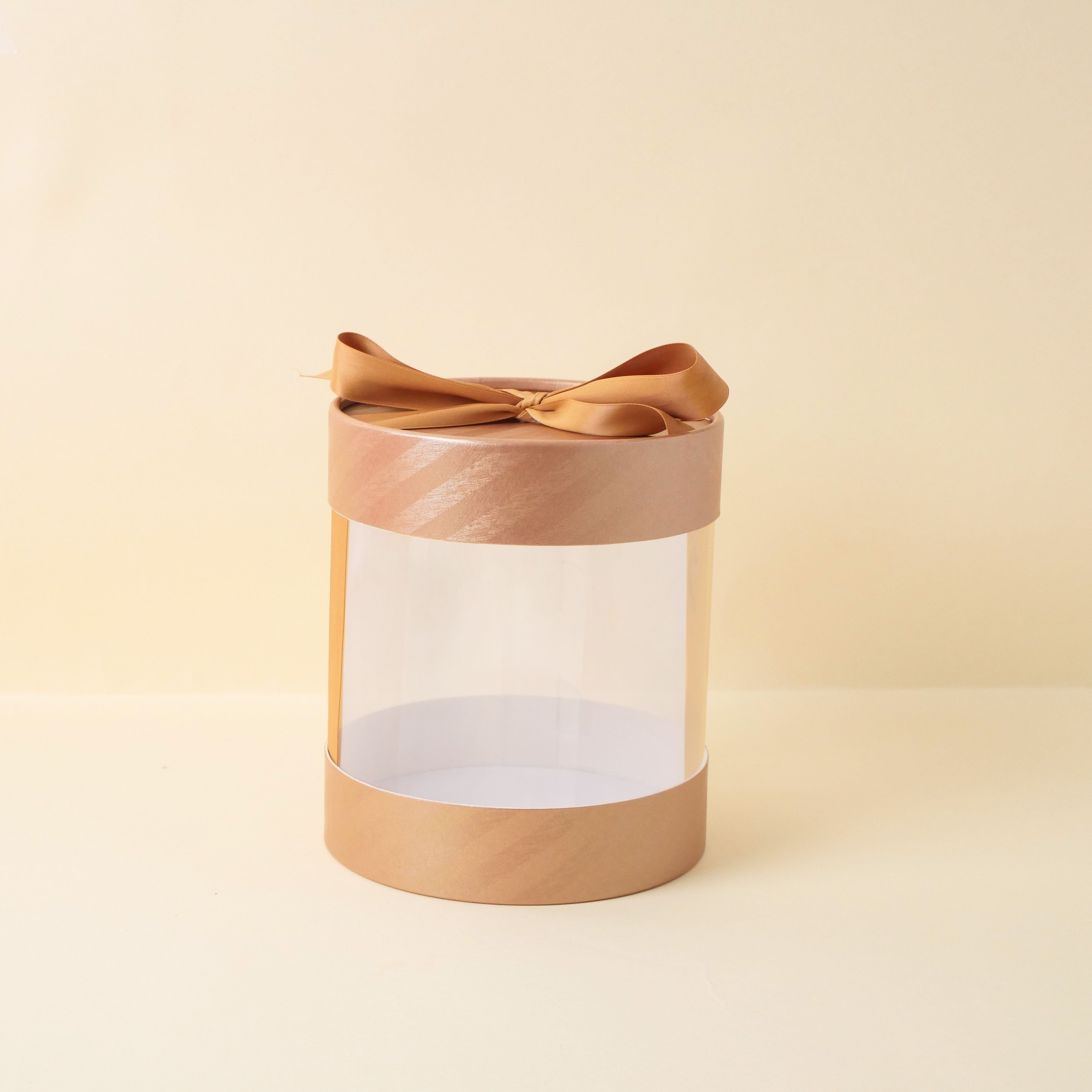 Factory ready to go orange color transparent cylinder paper box round tube box with clear PVC window LED light and ribbon handle