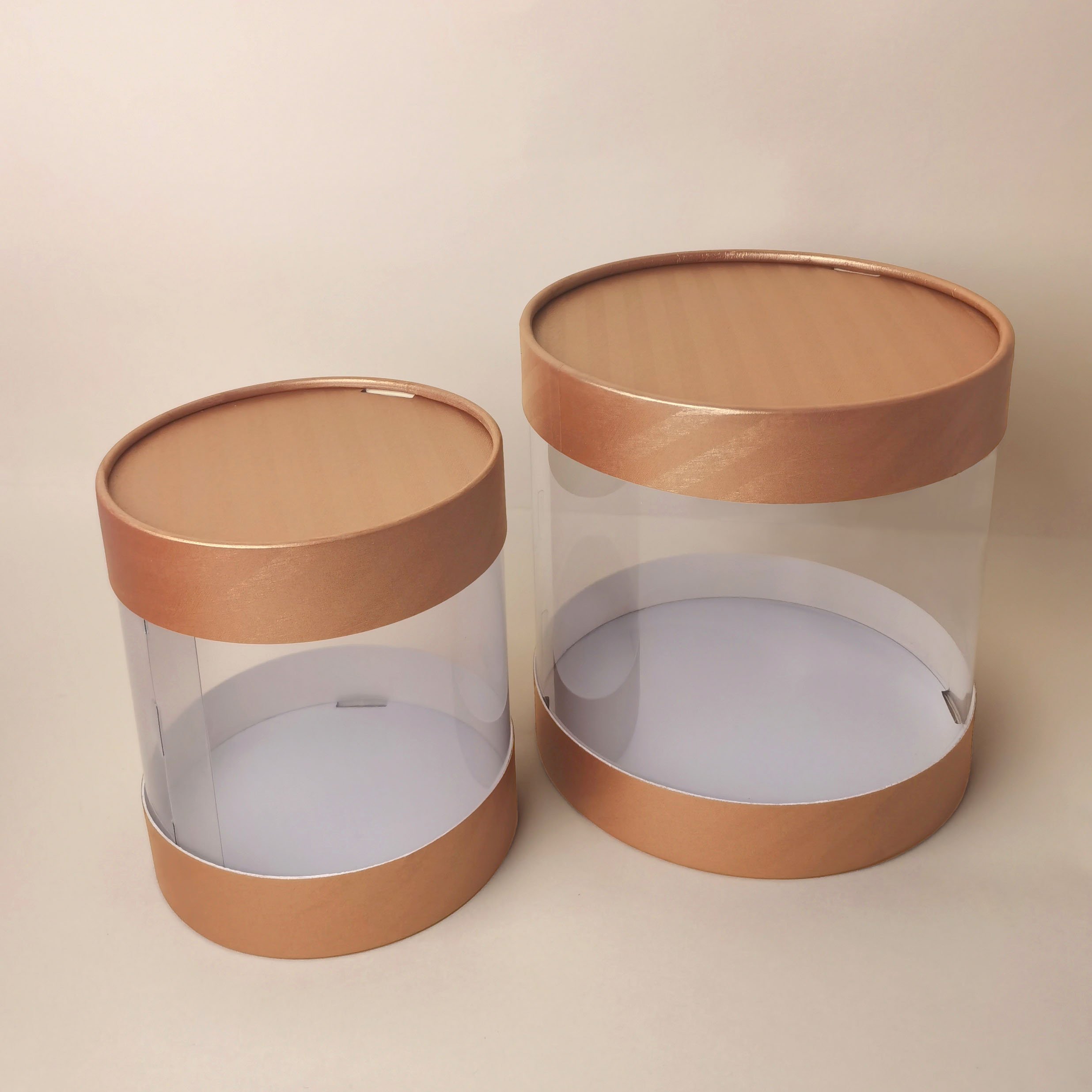 Factory ready to go orange color transparent cylinder paper box round tube box with clear PVC window LED light and ribbon handle