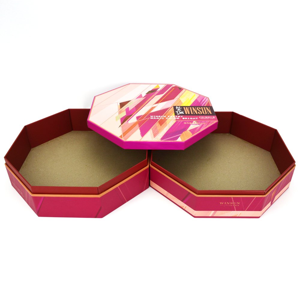 Custom Octagonal Geometry Design Luxury Round Gift Boxes Wholesale 3 Layer Rigid Paper Cookies Moon Cake Box With Lid