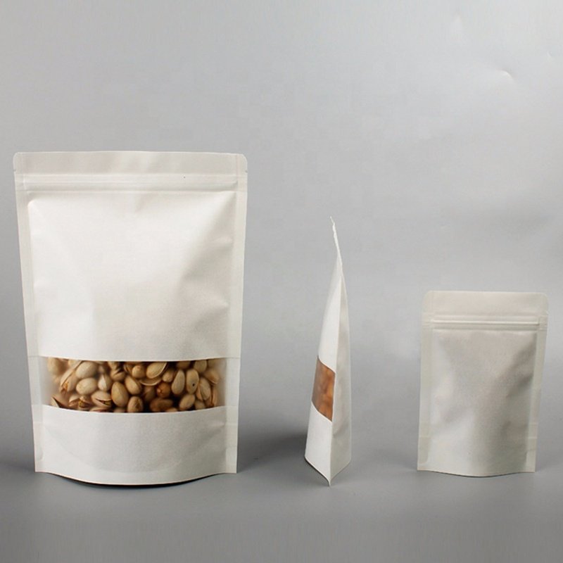 White Doypack Stand Up Pouch Ziplock Kraft Paper Bags With Clear Window And Zipper