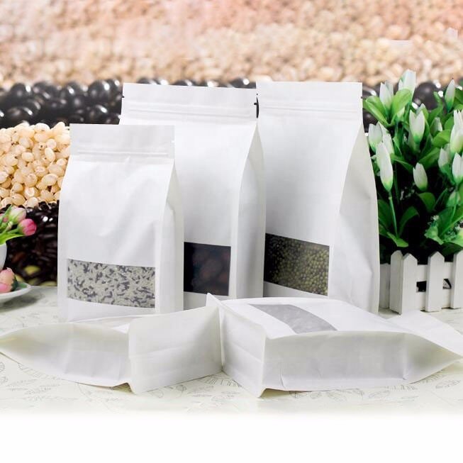 White Doypack Stand Up Pouch Ziplock Kraft Paper Bags With Clear Window And Zipper