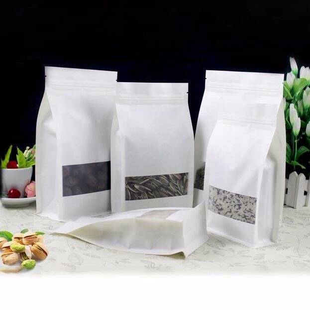 White Doypack Stand Up Pouch Ziplock Kraft Paper Bags With Clear Window And Zipper