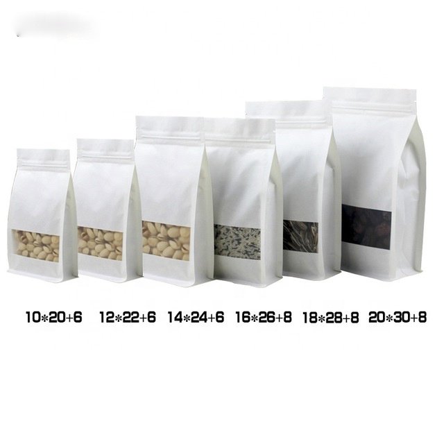 White Doypack Stand Up Pouch Ziplock Kraft Paper Bags With Clear Window And Zipper