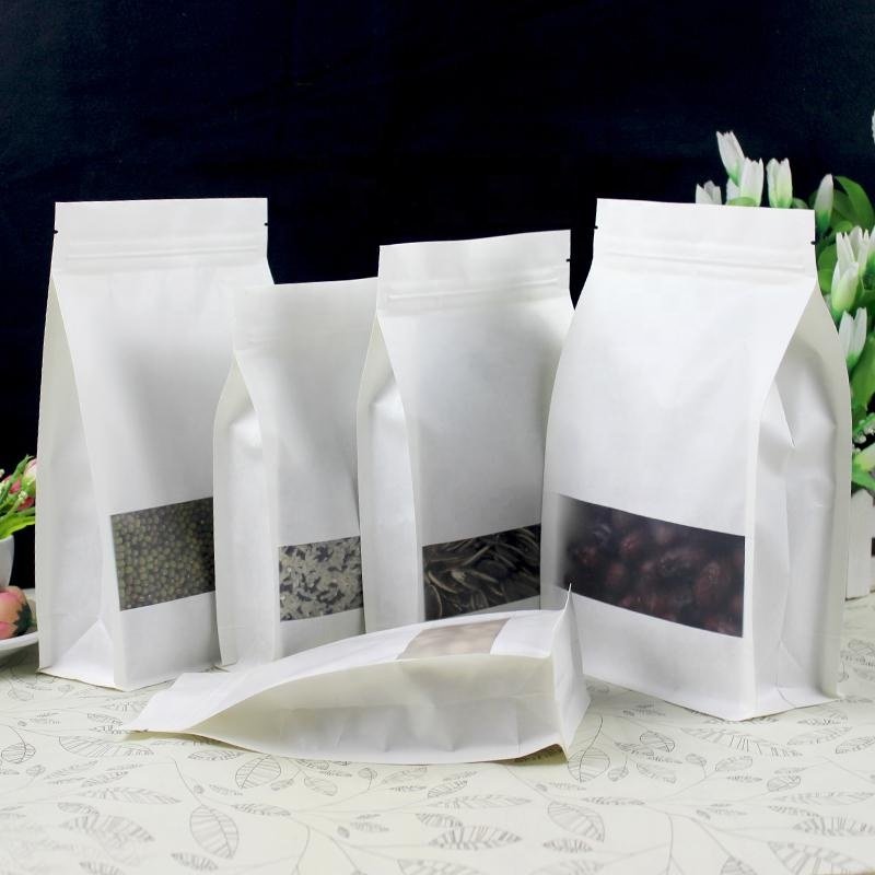 White Doypack Stand Up Pouch Ziplock Kraft Paper Bags With Clear Window And Zipper
