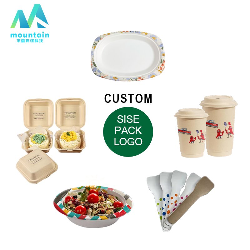 custom your own logo print design molded paper pulp biodegradable disposable sugarcane bagasse party tableware dinnerware set