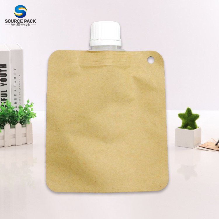 Custom Eco Friendly Sustainable Liquid Drink Packaging Spouted Bag Biodegradable Brown Kraft Paper Spout Pouch For Beverage