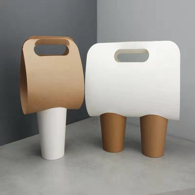 Wholesale Disposable Milk Tea Coffee Cup Portable Cup Holder Package Takeaway White Brown Kraft Paper Cup Holder Customized