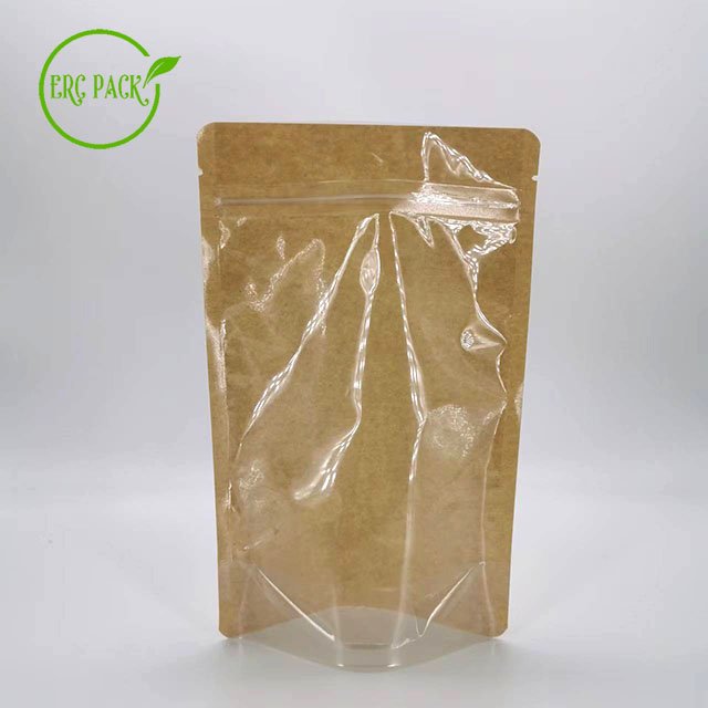 Reusable Zip Lock Food Packaging Bag Brown Kraft Paper Packaging Bags Stand Up Pouch With Window