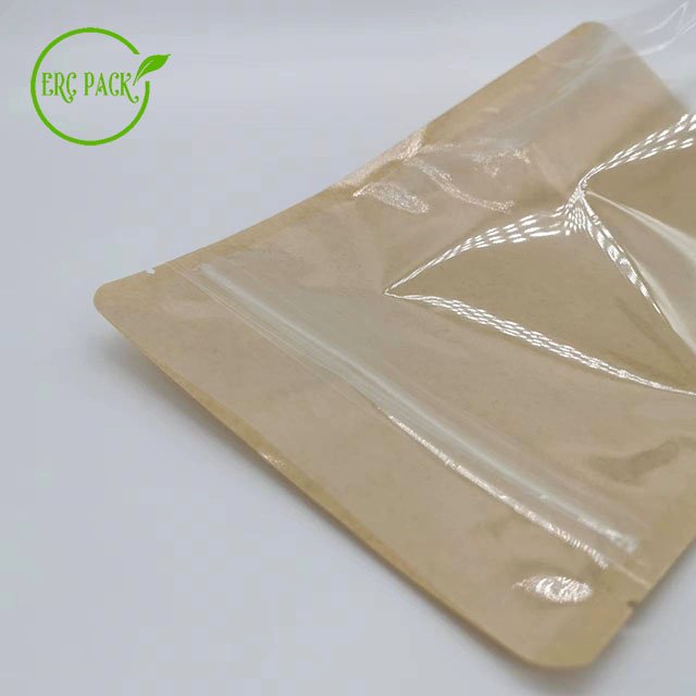 Reusable Zip Lock Food Packaging Bag Brown Kraft Paper Packaging Bags Stand Up Pouch With Window