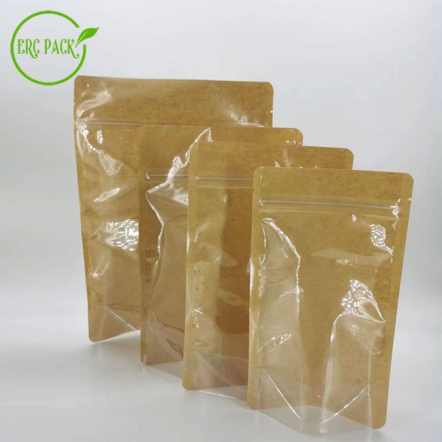 Reusable Zip Lock Food Packaging Bag Brown Kraft Paper Packaging Bags Stand Up Pouch With Window