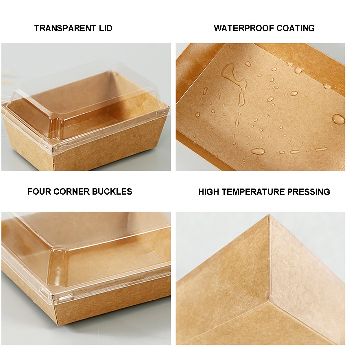 Questeco Brown Kraft Paper Cake Box 12x11x6.5cm Salad Breakfast Sushi food Tray with Plastic Lid