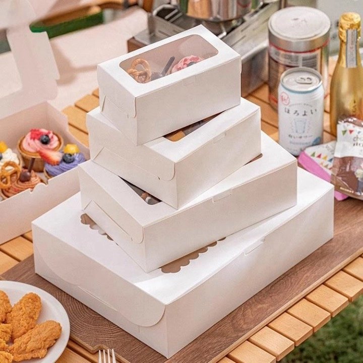 Custom White Pastry Bakery Packaging Paper Boxes For Dessert Transparent Cake Sandwich Cake Box With Clear PVC Window Lid
