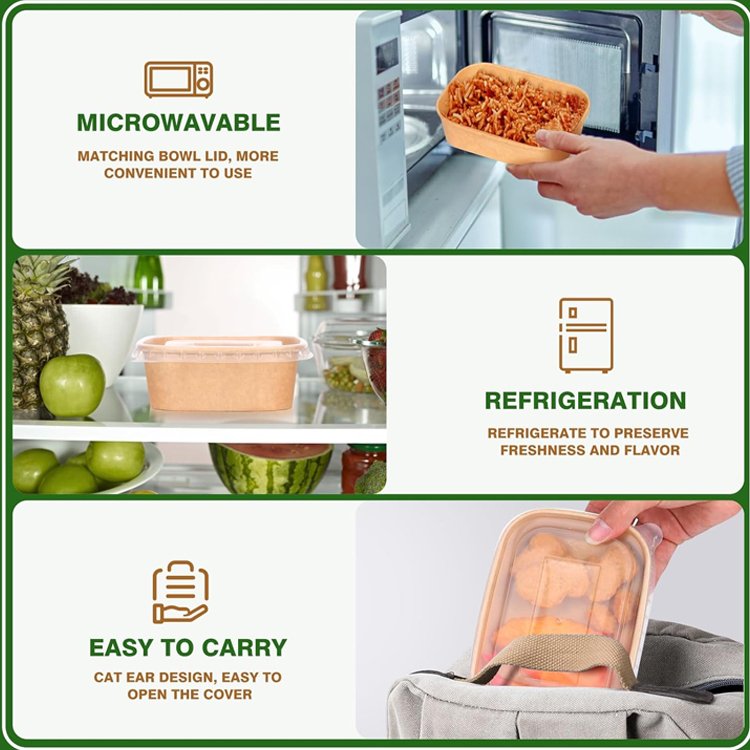 Disposable kraft paper salad bowls with lid Oil-Proof Soup Bowls, Perfect for Restaurant Salad Noodle Hot Cold Take out box