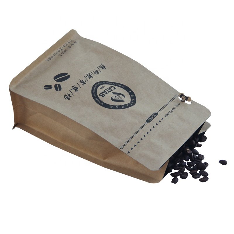 Eco friendly aluminum foil coffee bean packaging resealable ziplock flat bottom food grade kraft paper bags with logo