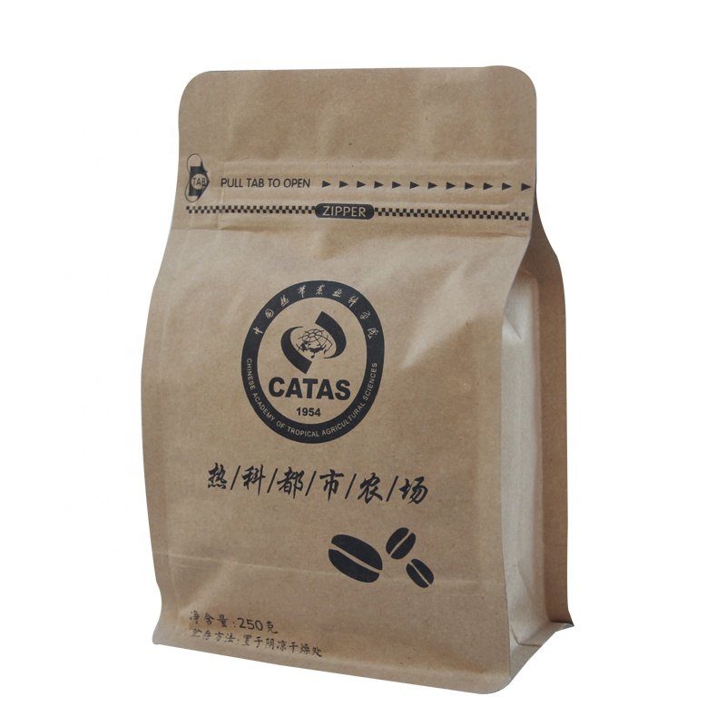Eco friendly aluminum foil coffee bean packaging resealable ziplock flat bottom food grade kraft paper bags with logo