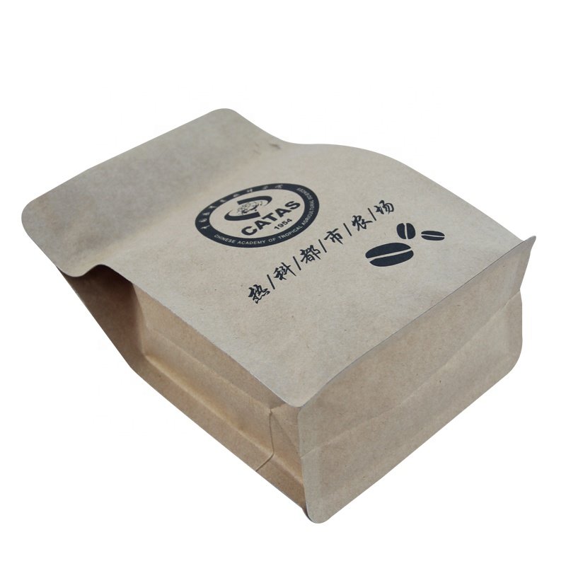 Eco friendly aluminum foil coffee bean packaging resealable ziplock flat bottom food grade kraft paper bags with logo