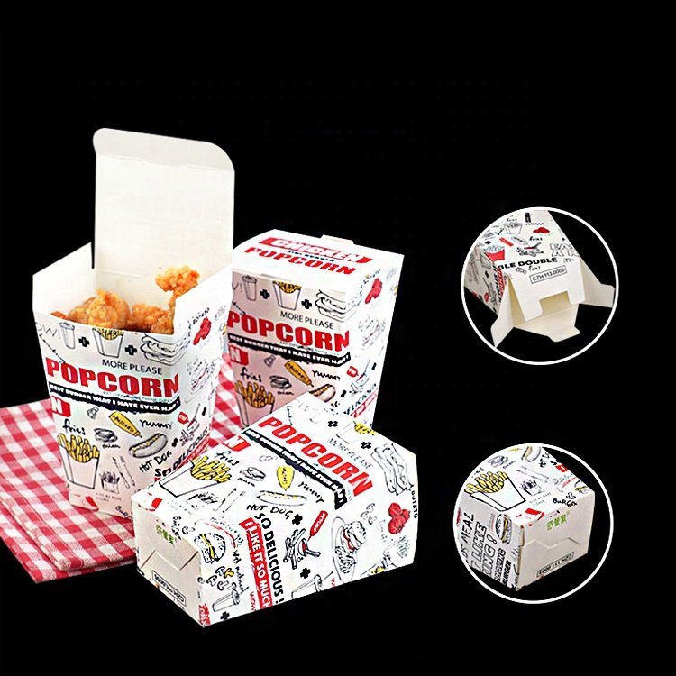 Wholesale custom foldable snack french fries popcorn boxes with top Hot sale disposable white paper fast food packaging box