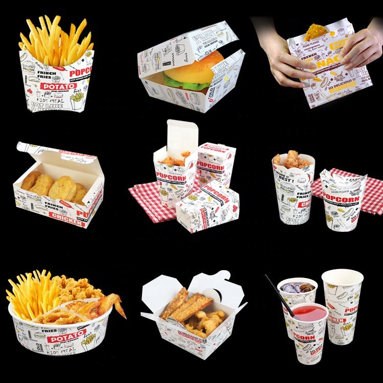 Wholesale custom foldable snack french fries popcorn boxes with top Hot sale disposable white paper fast food packaging box