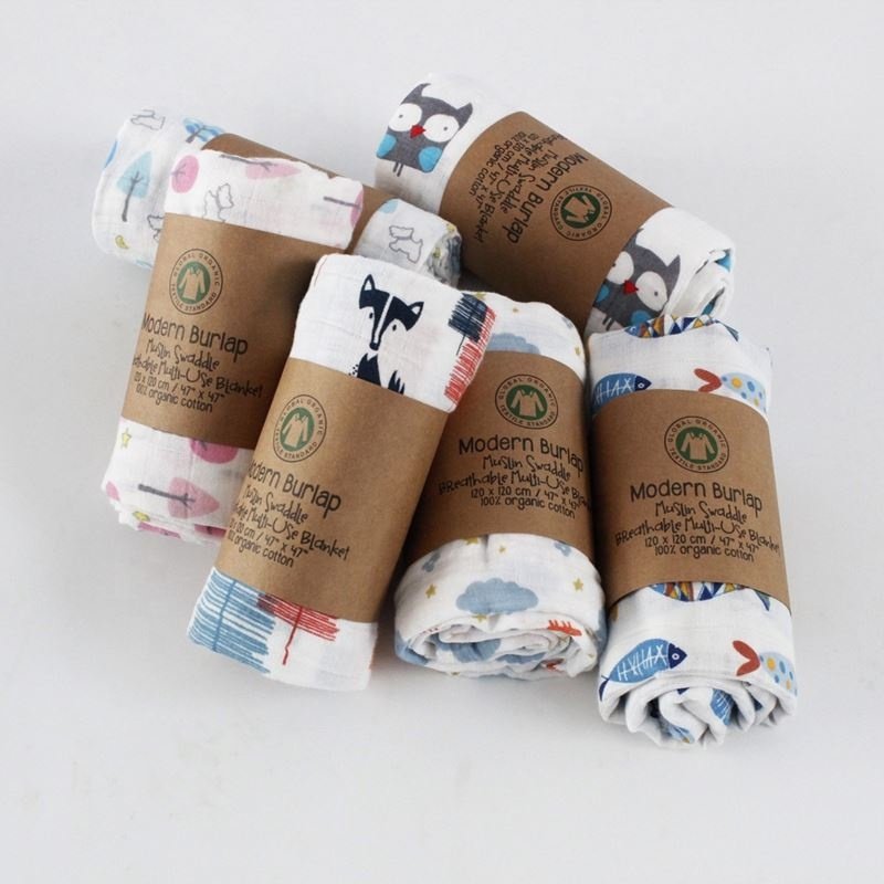 Factory Custom Printed Logo Kraft Paper Sleeve Muslin Swaddle Blankets Packaging Baby
