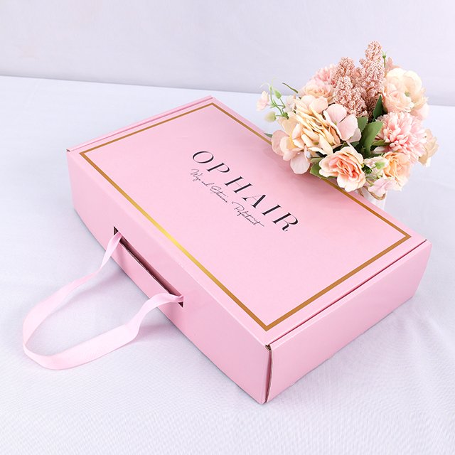 premium custom pink color corrugated paper shipping paper boxes with ribbon handle