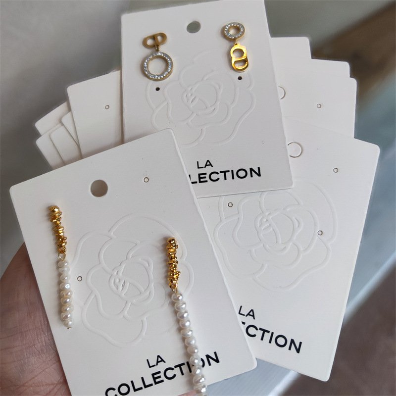 Custom Logo White Jewelry Paper Card Display Hodlers Embossed Ring Necklace Earring Packaging Cards and Bags for Hoop