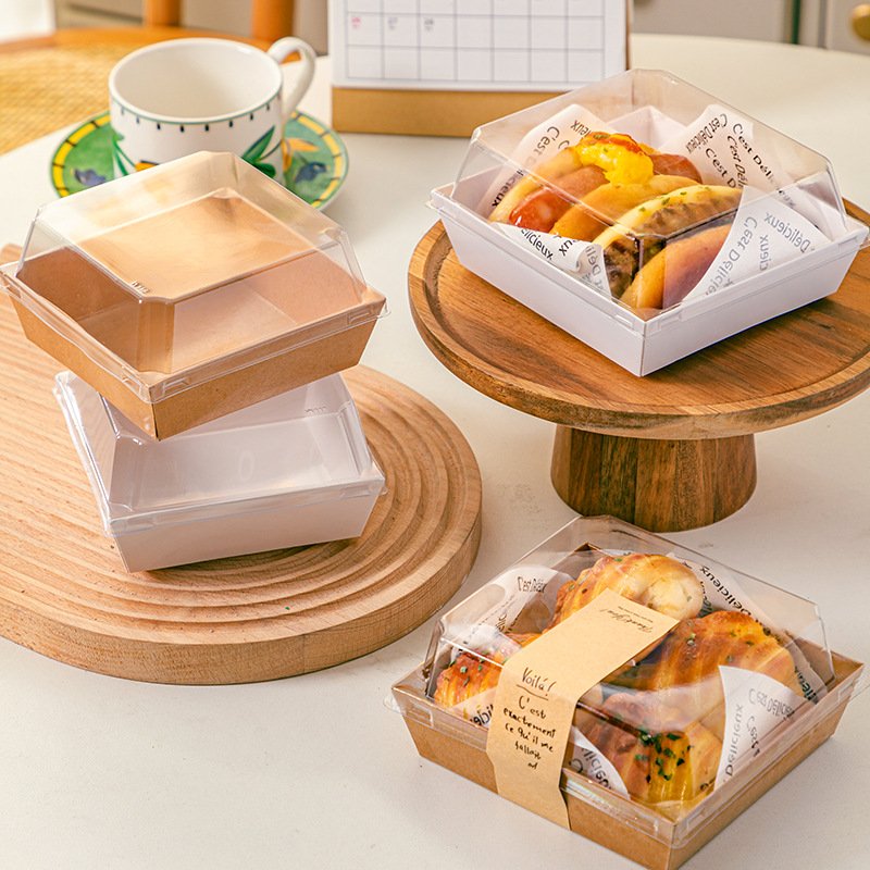 Picnic Box Disposable Cake Sandwich Dessert Bread Packaging Transparent Lid Food Take Away Kraft Carton