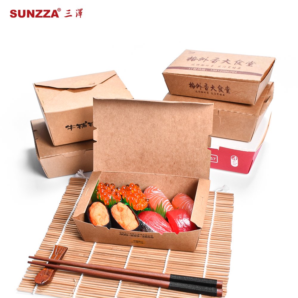 Sunzza Custom Print disposable Biodegradable Takeaway Kraft Paper Lunch Bento Sushi Delivery Packaging Hot Food Container box