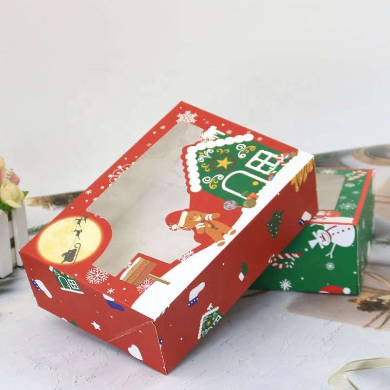 Wholesale newest packaging Christmas new style paper candy box + pvc window biscuit box, integrated structure packaging box