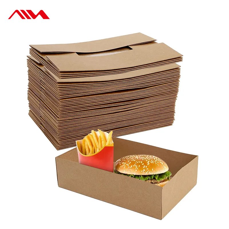Take-away Cardboard Foldable Picnic Paper Food Packaging Box Kraft Paper Square Customizable Custom Eco-friendly Disposable
