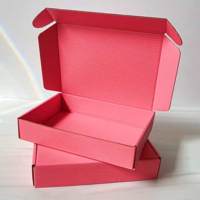 Customized logo corrugated cosmetic packaging pink foldable transport paper box