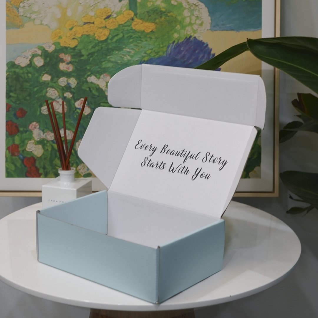 Gift Box Custom Hot Sale Logo Colorful Baby Blue Color Logo Hot Foil Stamping Printing Corrugated Board Gift Packaging Paper Box